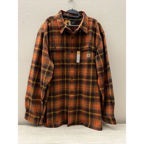 Carhartt TW4451 Mens Sz 2XL Orange Plaid Loose Fit Heavyweight L/S Flannel Shirt - Picture 2 of 6